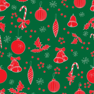 Noel eli, şenlik sezonu tasarımı için takılar ve süslemelerle kusursuz desenler çizdi. Vektör illüstrasyonu.