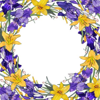 Beyaz arkaplan, vektör, illüstrasyon üzerine izole edilmiş süsen çiçekleri ile güzel çiçek çelengi 