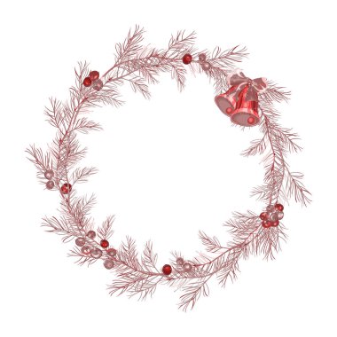 Şenlik sezonu tasarımı için dallardan çanlar eşliğinde Noel çerçevesi çizildi. Vektör illüstrasyonu.