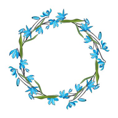 Beyaz arka planda, vektörde, resimde izole edilmiş çiçekli güzel bir çelenk.