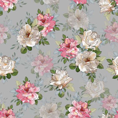 Gül çiçekleri ve yaprakları olan vektörsüz desen, tekstil için çiçek deseni