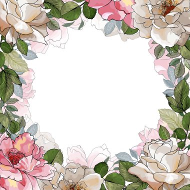 Beyaz arka planda, vektörde, resimde izole edilmiş çiçeklerle güzel bir çiçek çerçevesi.