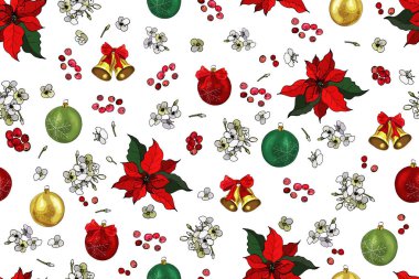 Noel eli, şenlik sezonu tasarımı için kutsal böğürtlen ve yapraklarla kusursuz desenler çizdi. Vektör illüstrasyonu.