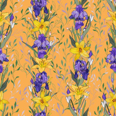 Süsen çiçekleri ve yaprakları olan vektörsüz desen, tekstil için çiçek deseni