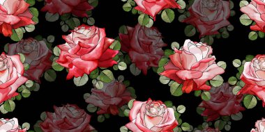 Gül çiçekleri ve yaprakları olan vektörsüz desen, tekstil için çiçek deseni