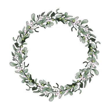 Beyaz arka planda izole edilmiş ökseotu çiçekli güzel Noel çelengi, vektör, resimleme