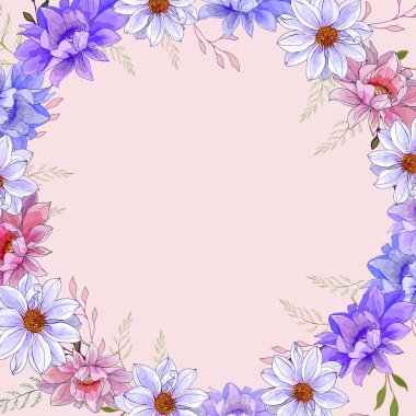 Beyaz arka planda, vektörde, resimde izole edilmiş çiçekli güzel bir çelenk.