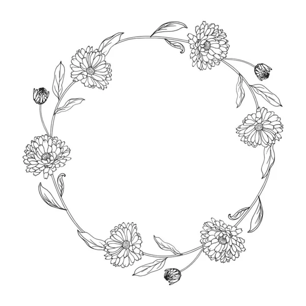 Hermosa Corona Floral Con Flores Caléndula Aisladas Sobre Fondo Blanco — Archivo Imágenes Vectoriales