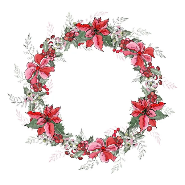 Красивий Квітковий Вінок Квітами Пуансетії Ізольований Білому Тлі Вектор Ілюстрація — стоковий вектор