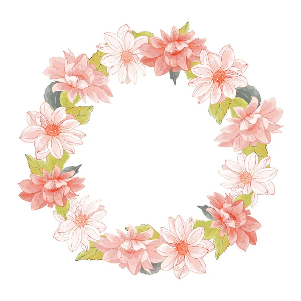 Schöner Blumenkranz Mit Dahlienblüten Isoliert Auf Weißem Hintergrund Vektor Illustration — Stockvektor