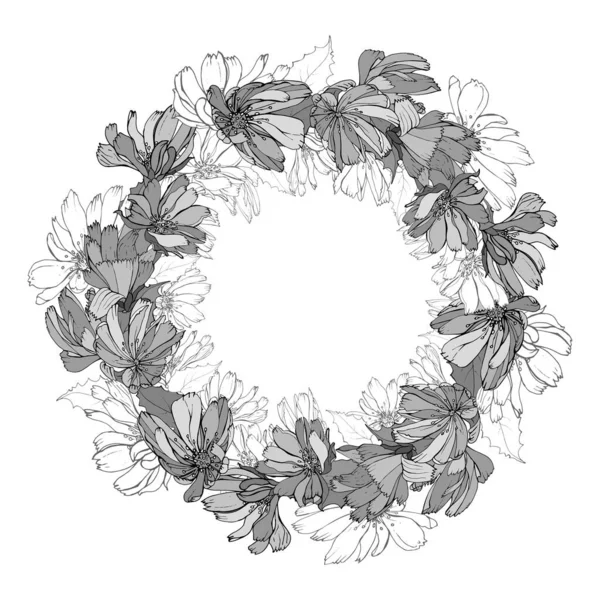 Hermosa Corona Floral Con Flores Achicoria Aisladas Sobre Fondo Blanco — Archivo Imágenes Vectoriales