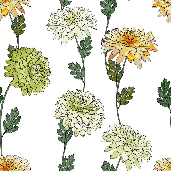 Motif Vectoriel Sans Couture Avec Fleurs Feuilles Chrysanthèmes Motif Floral — Image vectorielle