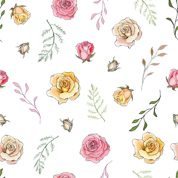 Векторный Бесшовный Узор Цветами Листьями Роз Цветочный Узор Текстиля — стоковый вектор