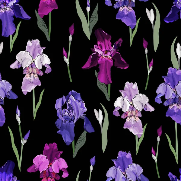 Vector Naadloos Patroon Met Irissen Bloemen Bladeren Bloemenpatroon Voor Textiel — Stockvector