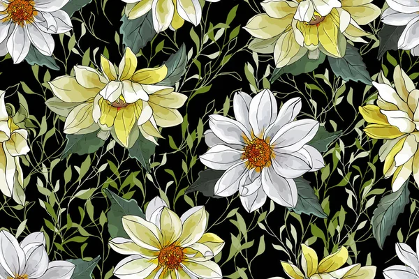 Patrón Sin Costura Vectorial Con Flores Hojas Dalias Patrón Floral — Archivo Imágenes Vectoriales