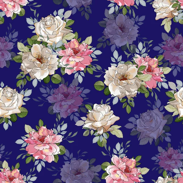 Patrón Sin Costura Vectorial Con Flores Hojas Rosas Patrón Floral — Archivo Imágenes Vectoriales