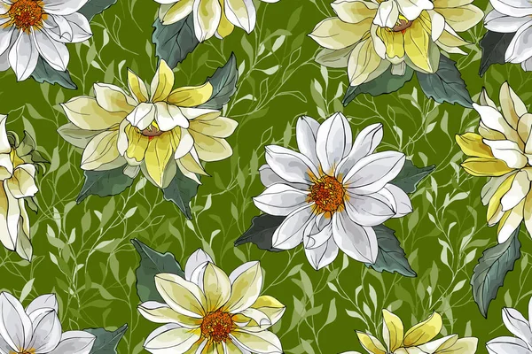 Vektorový Bezešvý Vzor Květy Listy Dahlia Květinový Vzor Pro Textil — Stockový vektor