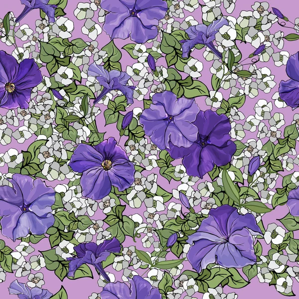 Vector Seamless Pattern Petunia Flowers Leaves Floral Pattern Textile — Stock Vector
