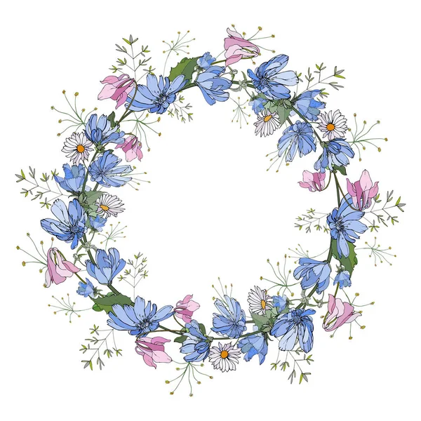 Wunderschöner Blumenkranz Mit Wildblumen Auf Weißem Hintergrund Vektor Illustration — Stockvektor