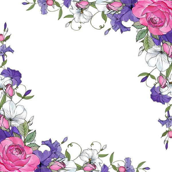 Hermoso Marco Floral Con Flores Aisladas Sobre Fondo Blanco Vector — Vector de stock