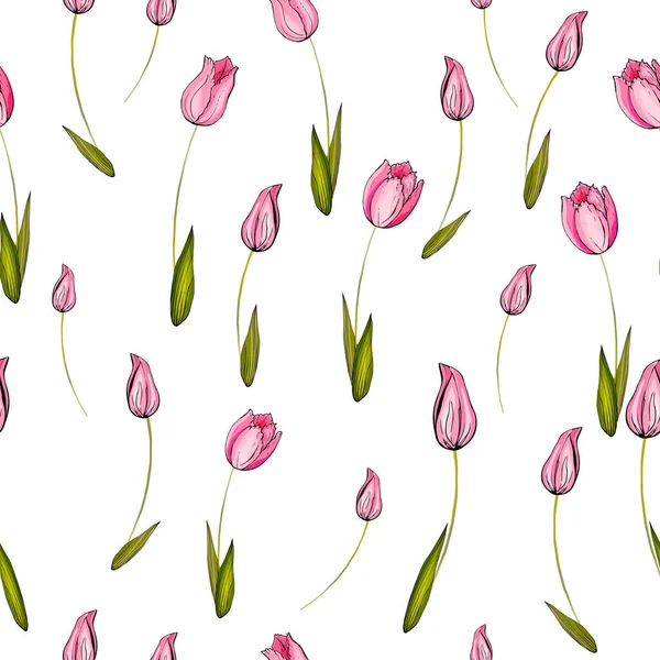 Patrón Sin Costura Vectorial Con Tulipanes Flores Hojas Patrón Floral — Vector de stock