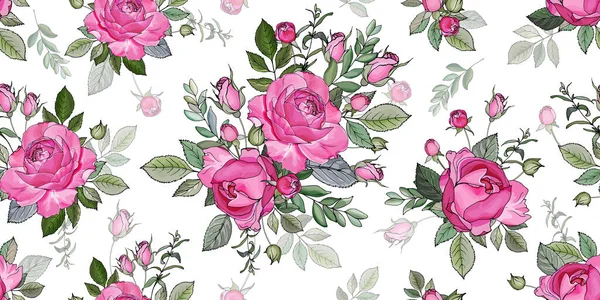 Padrão Sem Costura Vetorial Com Flores Rosas Folhas Padrão Floral —  Vetores de Stock