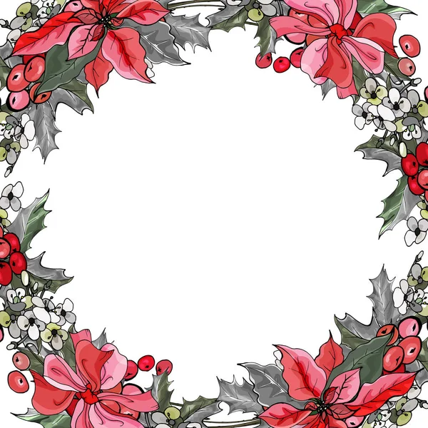 Vacker Blomsterkrans Med Julstjärna Blommor Isolerade Vit Bakgrund Vektor Illustration — Stock vektor