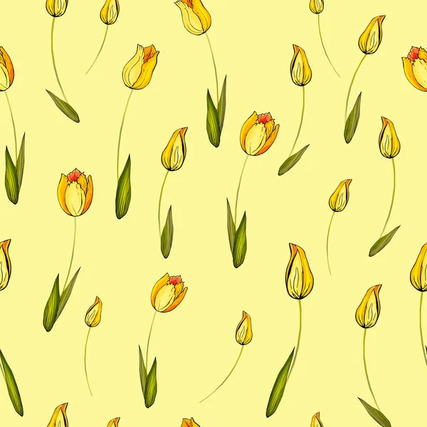 Patrón Sin Costura Vectorial Con Tulipanes Flores Hojas Patrón Floral — Vector de stock