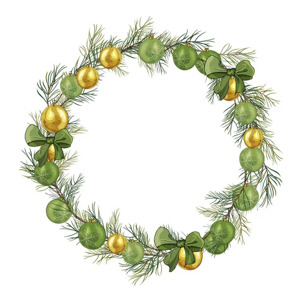 Belle Couronne Florale Avec Boules Noël Isolées Sur Fond Blanc — Image vectorielle