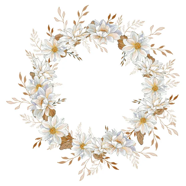 Piękny Wieniec Kwiatowy Dahlias Kwiaty Izolowane Białym Tle Wektor Ilustracja — Wektor stockowy