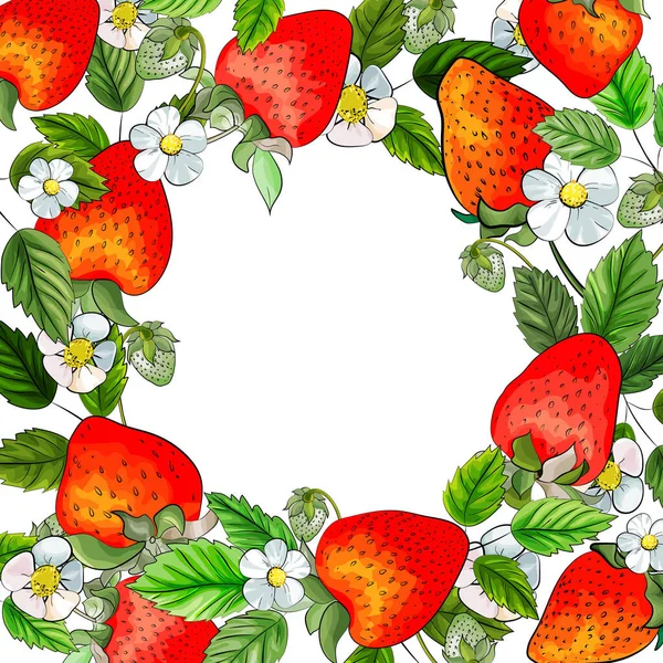 草莓和叶子的矢量无缝框架 纺织品花型 — 图库矢量图片