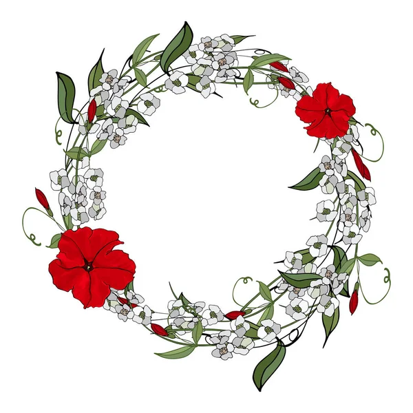 Mooie Bloemenkrans Met Bloemen Geïsoleerd Witte Achtergrond Vector Illustratie — Stockvector