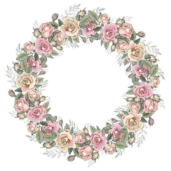 Hermosa Corona Floral Con Rosas Flores Aisladas Sobre Fondo Blanco — Archivo Imágenes Vectoriales