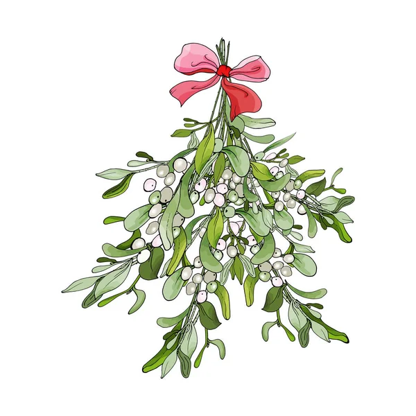 Noel eli, şenlik sezonu tasarımı için yaylı ökseotu dalları çizdi. Vektör illüstrasyonu.