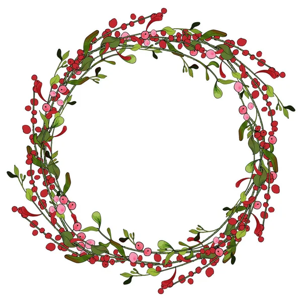 Kırmızı böğürtlenli güzel çiçek çelengi beyaz arka plan, vektör, illüstrasyon 