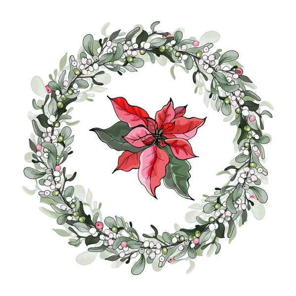 Schöner Blumenkranz Mit Beeren Und Weihnachtsstern Isoliert Auf Weißem Hintergrund — Stockvektor