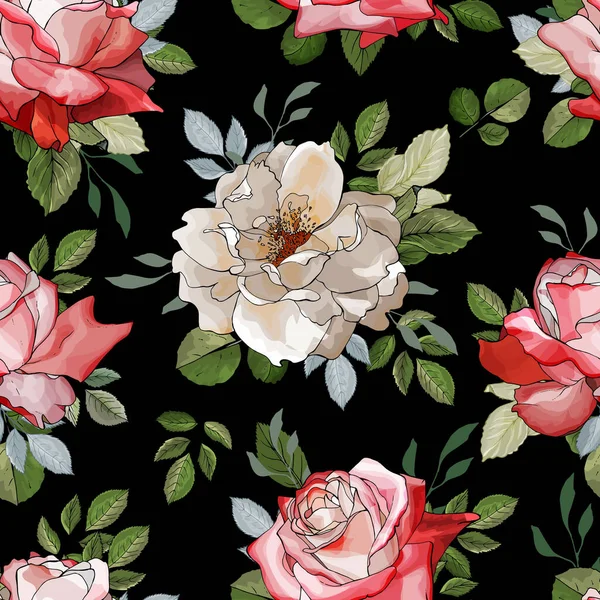 Διάνυσμα Χωρίς Ραφή Μοτίβο Τριαντάφυλλα Λουλούδια Και Φύλλα Floral Μοτίβο — Διανυσματικό Αρχείο