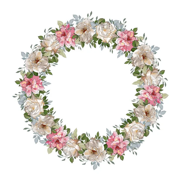 Hermosa Corona Floral Con Rosas Flores Aisladas Sobre Fondo Blanco — Archivo Imágenes Vectoriales