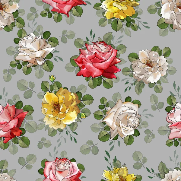 Patrón Sin Costura Vectorial Con Flores Hojas Rosas Patrón Floral — Archivo Imágenes Vectoriales