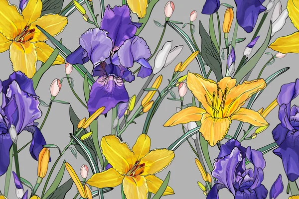 Διάνυσμα Χωρίς Ραφή Σχέδιο Ίριδες Λουλούδια Και Φύλλα Floral Μοτίβο — Διανυσματικό Αρχείο
