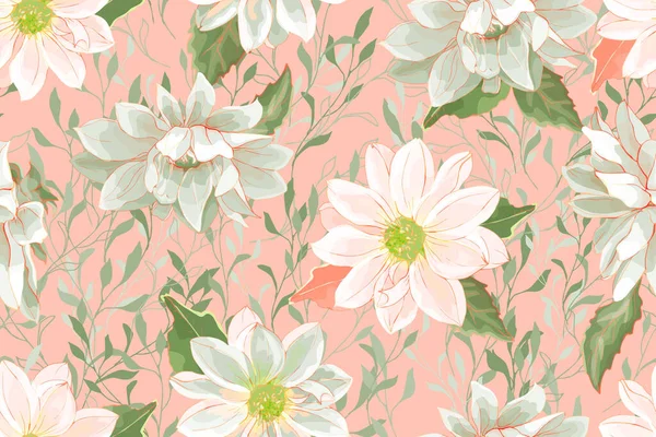ダリアの花や葉とベクトルシームレスパターン 繊維のための花のパターン — ストックベクタ