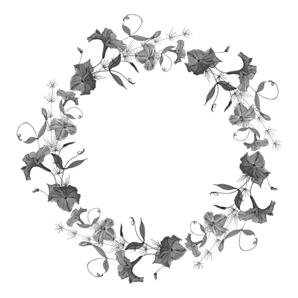 Hermosa Corona Floral Con Flores Petunia Aisladas Sobre Fondo Blanco — Archivo Imágenes Vectoriales