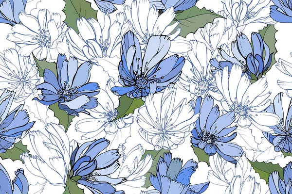 チコリの花や葉のベクトルシームレスなパターン 織物の花模様 — ストックベクタ