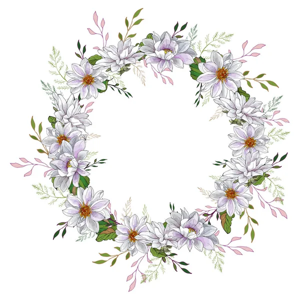 Hermosa Corona Floral Con Flores Dalias Aisladas Sobre Fondo Blanco — Archivo Imágenes Vectoriales