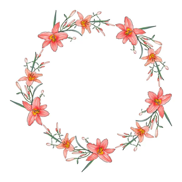 Schöner Blumenkranz Mit Lilienblüten Isoliert Auf Weißem Hintergrund Vektor Illustration — Stockvektor