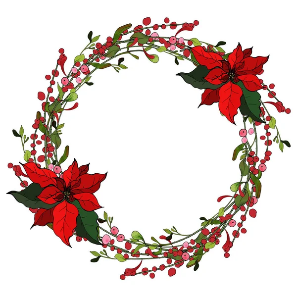 Wunderschöner Blumenkranz Mit Weihnachtssternen Auf Weißem Hintergrund Vektor Illustration — Stockvektor