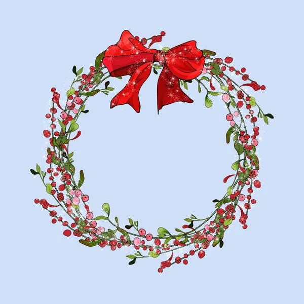 白い背景にベリーと赤い弓で美しい花の花輪 ベクトル イラスト — ストックベクタ
