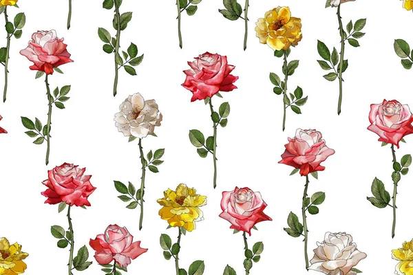 Vektorový Bezešvý Vzor Květy Listy Růží Květinový Vzor Pro Textil — Stockový vektor