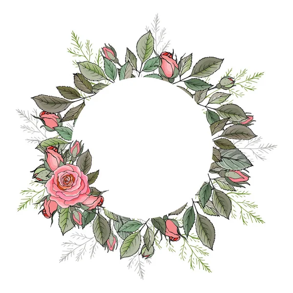 Hermosa Corona Floral Con Rosas Flores Aisladas Sobre Fondo Blanco — Vector de stock