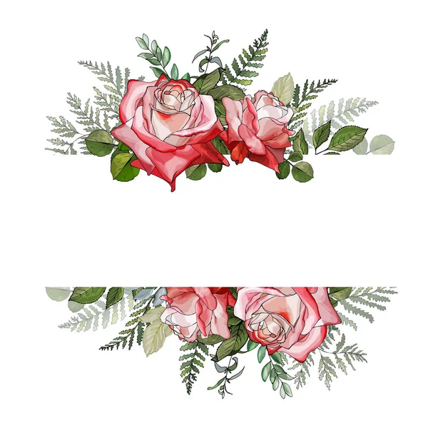 Vacker Blomsterkrans Med Rosor Blommor Isolerad Vit Bakgrund Vektor Illustration — Stock vektor